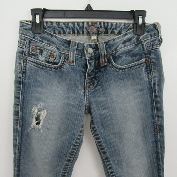 BEBE Kayla Blue Distressed Fryed Capri Hem Jeans - Picture 2 of 9